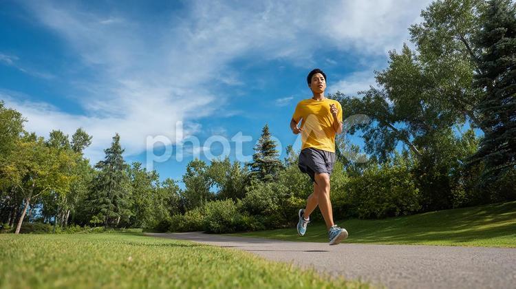 青空の下、爽やかにジョギングする男性 ランニング,ジョギング,男性の写真素材