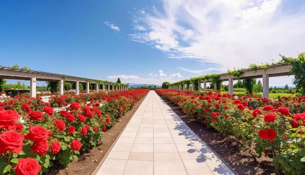 青空の下にある薔薇園 青空の下にある薔薇園の写真