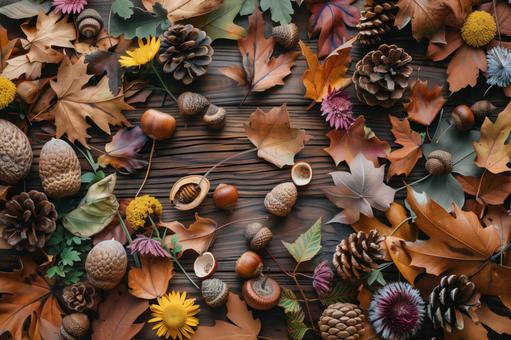 秋の落ち葉と木の実背景の写真