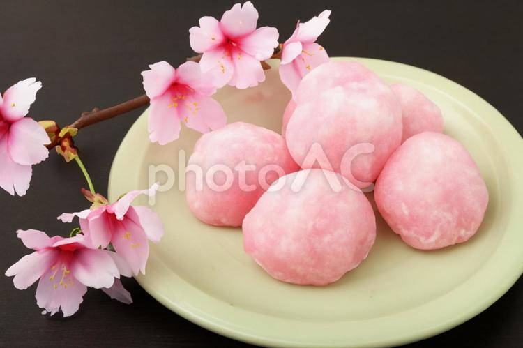 桜と白いお皿にのった桜色の大福餅 和菓子,桃色,春の写真素材