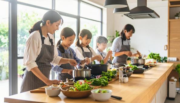 夏休み、親子料理教室で料理する親子の写真