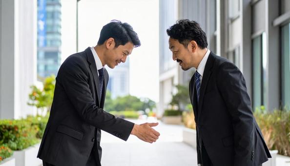 握手しながら謝罪するビジネスマン 握手しながら謝罪するビジネスマンの写真