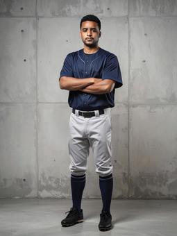 コンクリートの前に立つ外国人の野球選手 コンクリートの前に立つ外国人の野球選手の写真