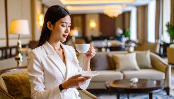 高級ホテルのラウンジで紅茶を楽しむ女性 高級ホテルのラウンジで紅茶を楽しむ女性の写真