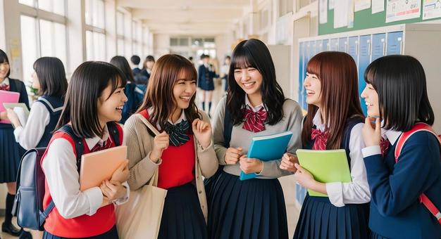 廊下で 笑顔で話す女子高校生グループの写真
