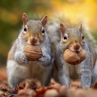 秋の森の野生動物とクルミを持つリス 秋の森の野生動物とクルミを持つリスの写真