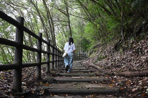 山道を歩く女性 山道を歩く女性の写真