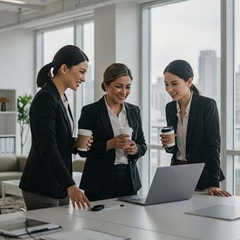 オフィスで働く笑顔のビジネスウーマンの写真