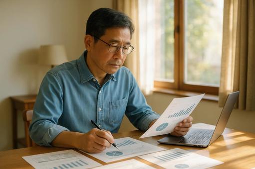 朝の光が差し込む部屋で学習する中年男性 朝の光が差し込む部屋で学習する中年男性の写真
