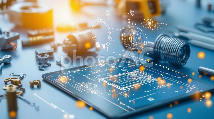 ターブレット上のバーチャル設計図 拡張現実,ar設計,タブレットの写真素材
