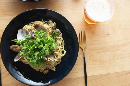 Photo, vongole bianco, pasta, lunch, 