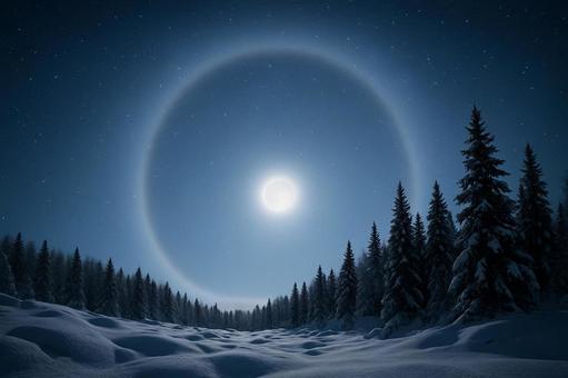 真夜中の雪原に神秘的な月虹(ムーンボウ) 真夜中の雪原に神秘的な月虹(ムーンボウ)の写真
