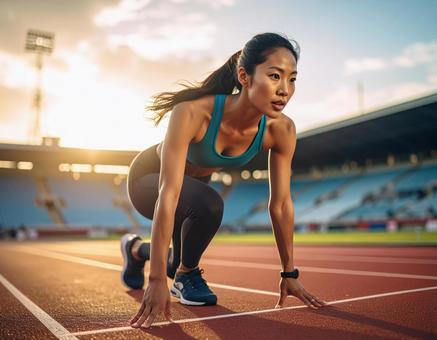 陸上競技のスタートラインで構える女性 陸上競技のスタートラインで構える女性の写真