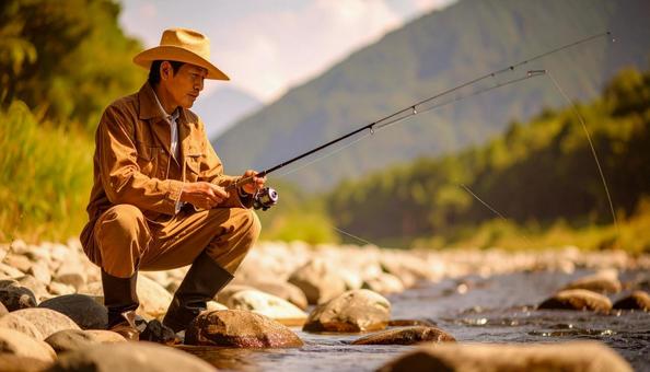 釣りをする男性 釣りをする男性の写真