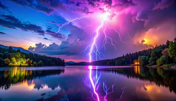 湖面に映る幻想的な雷光の写真