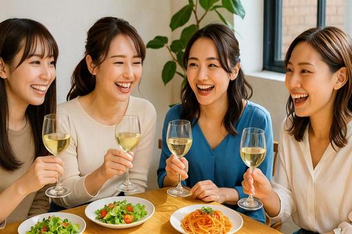 笑顔あふれる女子会ランチ・食事シーン 笑顔あふれる女子会ランチ・食事シーンの写真