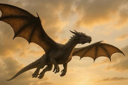 夕暮れの空を飛ぶ、伝説のドラゴン 夕暮れの空を飛ぶ、伝説のドラゴンの写真