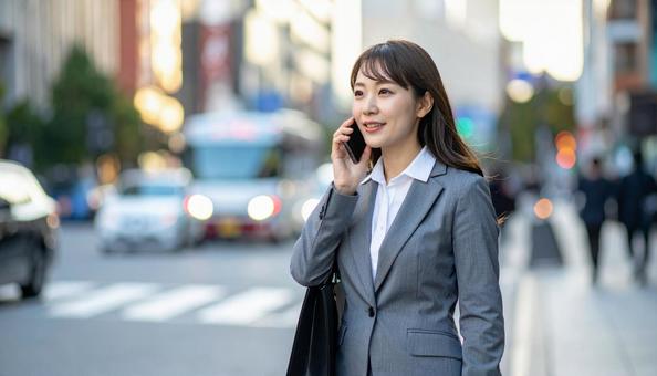 グレーのスーツを着たビジネスウーマン グレーのスーツを着たビジネスウーマンの写真