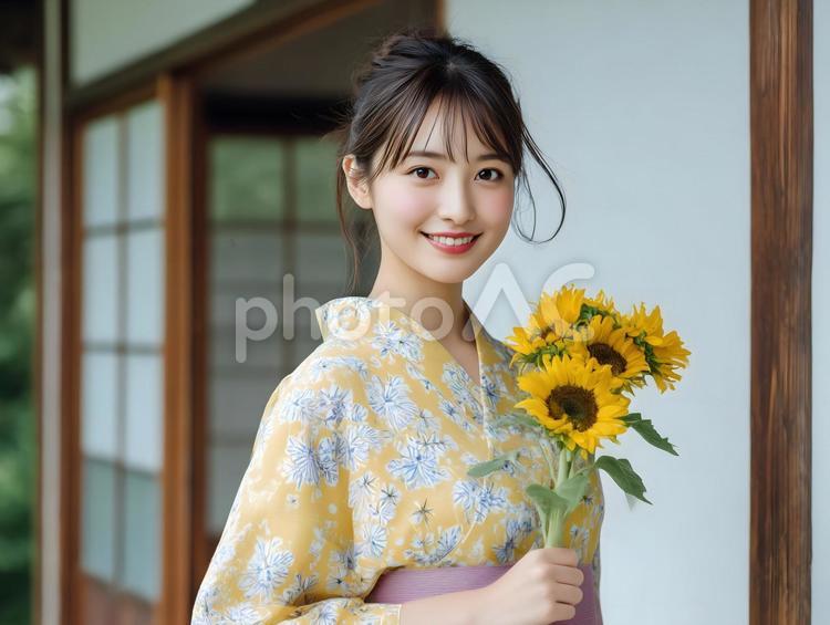 ひまわりを手に持つ浴衣を着た笑顔の女性 ひまわり,ヒマワリ,向日葵の写真素材