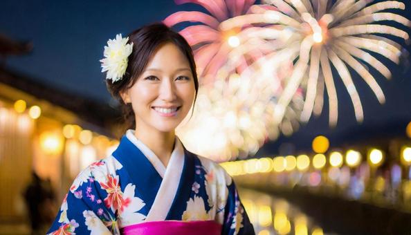 A woman enjoying watching fireworks in a yukata, JPG