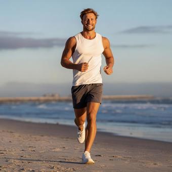波打ち際を走る男性ランナー 波打ち際を走る男性ランナーの写真