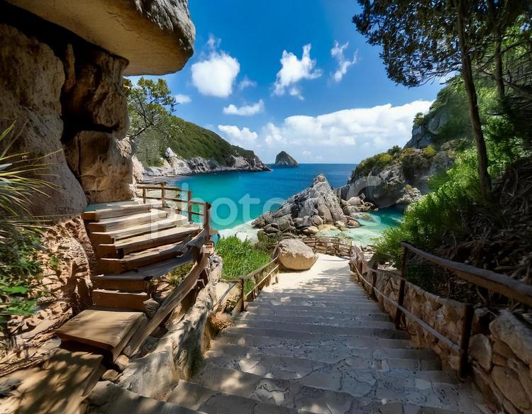 入り江に続く階段 背景,癒し,海の写真素材