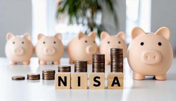 NISAの文字とお金と貯金箱 NISAの文字とお金と貯金箱の写真
