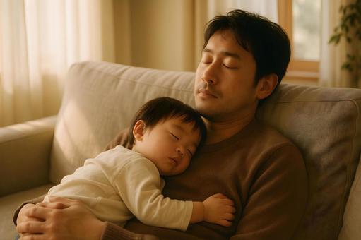 お昼寝する父と赤ちゃん お昼寝する父と赤ちゃんの写真