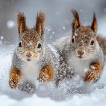 雪の中を走る二匹のリスの姿 雪の中を走る二匹のリスの姿の写真