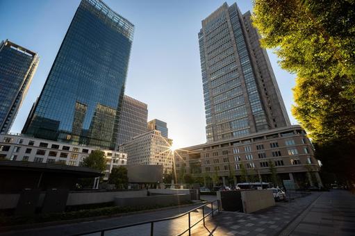 ビル隙間からの太陽 ビジネス街,日差し,太陽の写真素材