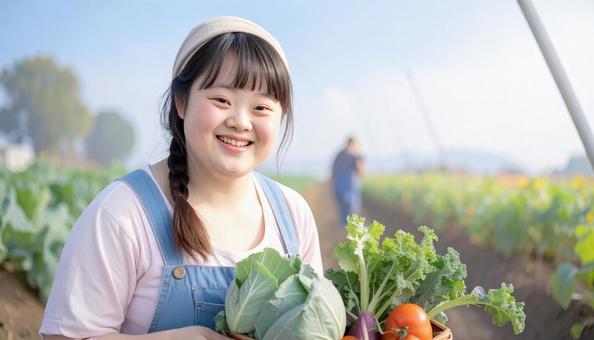 農場で働くダウン症の女性 野菜収穫 農場で働くダウン症の女性 野菜収穫の写真