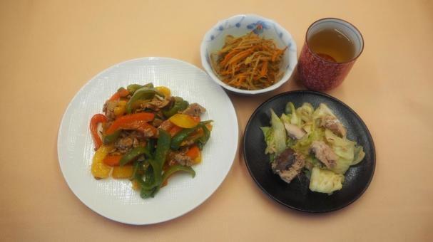 おかず３種＆日本茶・家庭料理 おかず３種,青椒肉絲,きんぴらごぼうの写真素材