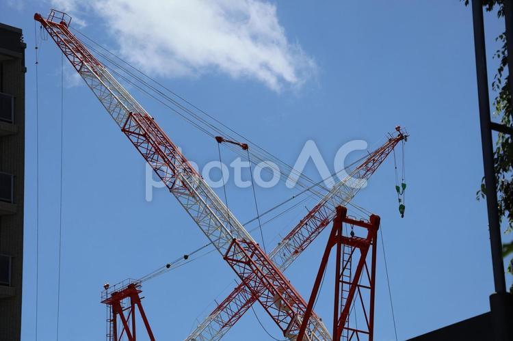 青空とたくさんのクレーンのある街並み 青空,たくさん,クレーンの写真素材