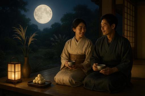 秋の夜長を楽しむ縁側の二人 秋の夜長を楽しむ縁側の二人の写真