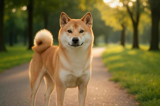 晴れた日公園を散歩する柴犬 晴れた日公園を散歩する柴犬の写真
