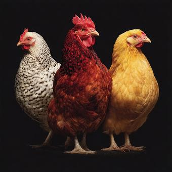 個性豊かな3羽の鶏のポートレート 個性豊かな3羽の鶏のポートレートの写真