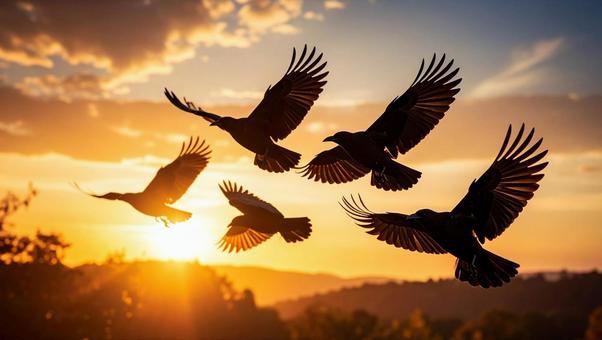 カラス_飛ぶ_夕焼け2の写真