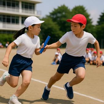 運動会 リレーのバトン渡し 運動会 リレーのバトン渡しの写真