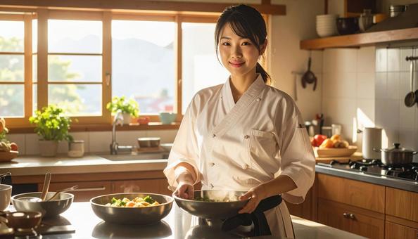 レストランの調理場で料理するスタッフ女性 レストランの調理場で料理するスタッフ女性の写真