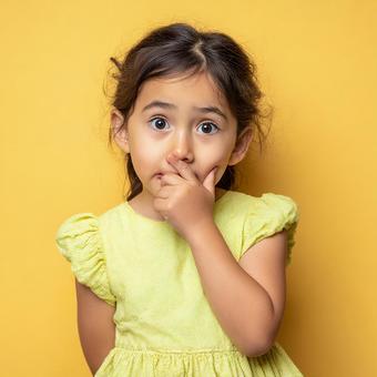 黄色い服を着た、表情豊かな女の子 黄色い服を着た、表情豊かな女の子の写真