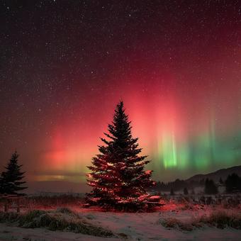 雪山に輝く緑と赤のオーロラ 雪山に輝く緑と赤のオーロラの写真