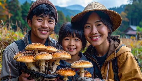 秋の味覚 きのこ狩りをする人の笑顔 秋の味覚 きのこ狩りをする人の笑顔の写真
