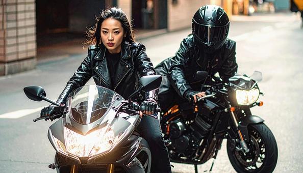 オートバイを運転する女性ライダー オートバイを運転する女性ライダーの写真