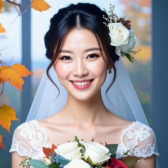 秋のウェデイングドレス姿の花嫁 ブーケ 秋のウェデイングドレス姿の花嫁 ブーケの写真