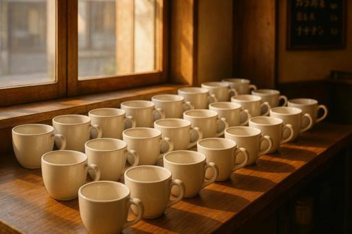 開店準備の並ぶカップ 開店準備の並ぶカップの写真