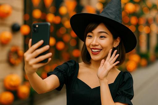 自撮りする魔女女性 自撮りする魔女女性の写真