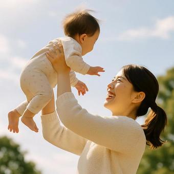 高い高い抱っこをするお母さん赤ちゃん 高い高い抱っこをするお母さん赤ちゃんの写真