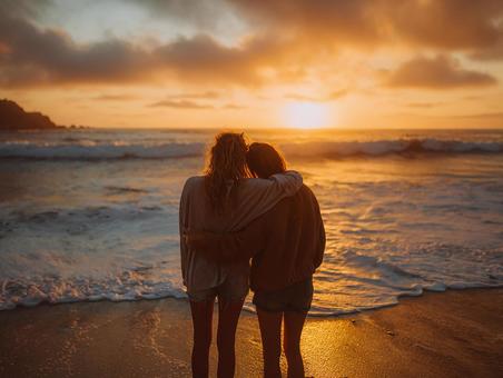 夕焼けのビーチで抱き合う二人の友人 夕焼けのビーチで抱き合う二人の友人の写真