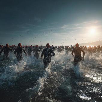 夜明けの海へ走り出すトライアスロン選手 夜明けの海へ走り出すトライアスロン選手の写真