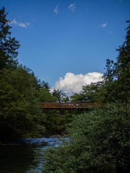 烏川渓谷緑地の吊り橋と清流 清流,ハイキング,マイナスイオンの写真素材